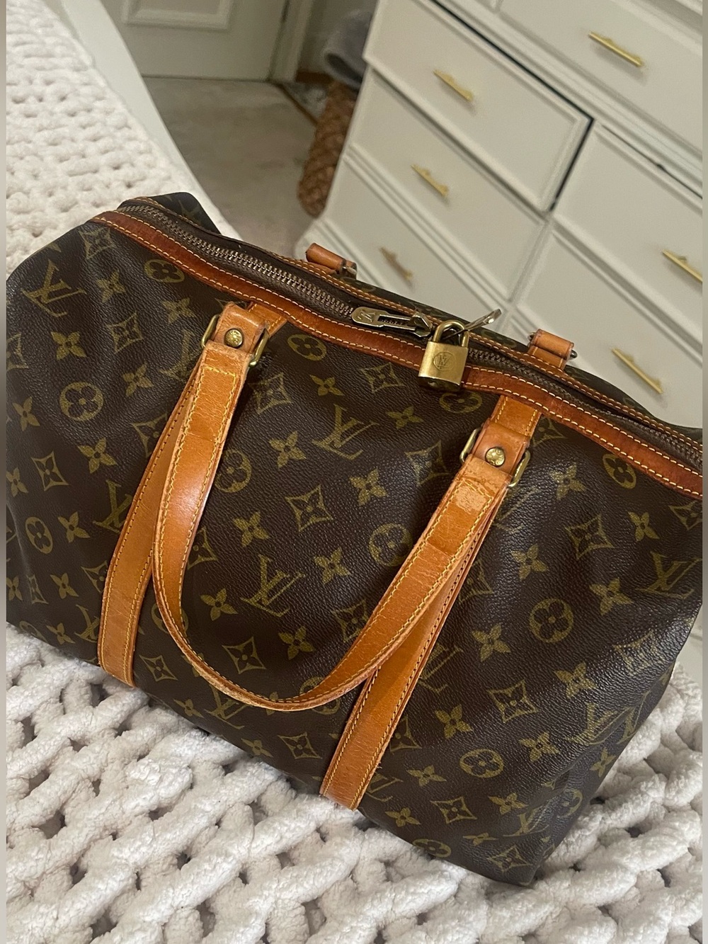 Louis Vuitton Brown Monogram Canvas Duffel with Tan Leather Handles